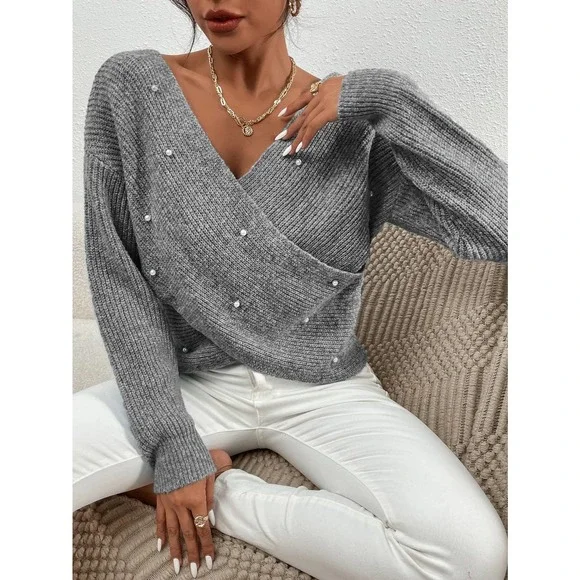 Pearl Beaded Drop Shoulder Cross Wrap Sweater gray - Picture 4 of 4